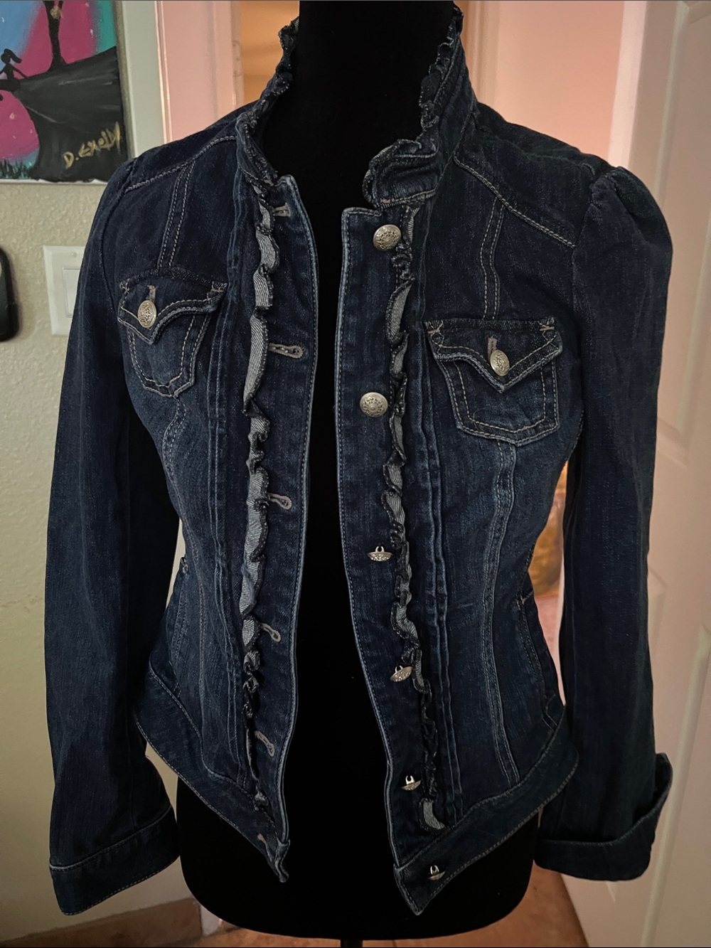 White House Black Market Dark Blue Ruffle-Trim Denim Jacket